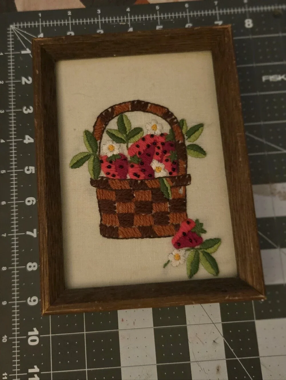 Vintage Hand Embroidered Strawberry Basket Wall Art – Cottagecore Folk Art